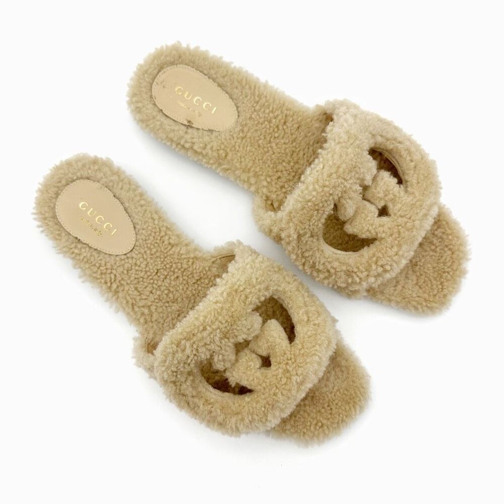GUCCI Wool Shearling Fur GG Sandal Mule 37.5 Interlocking GG Logo Slip On Slide - Picture 2 of 11